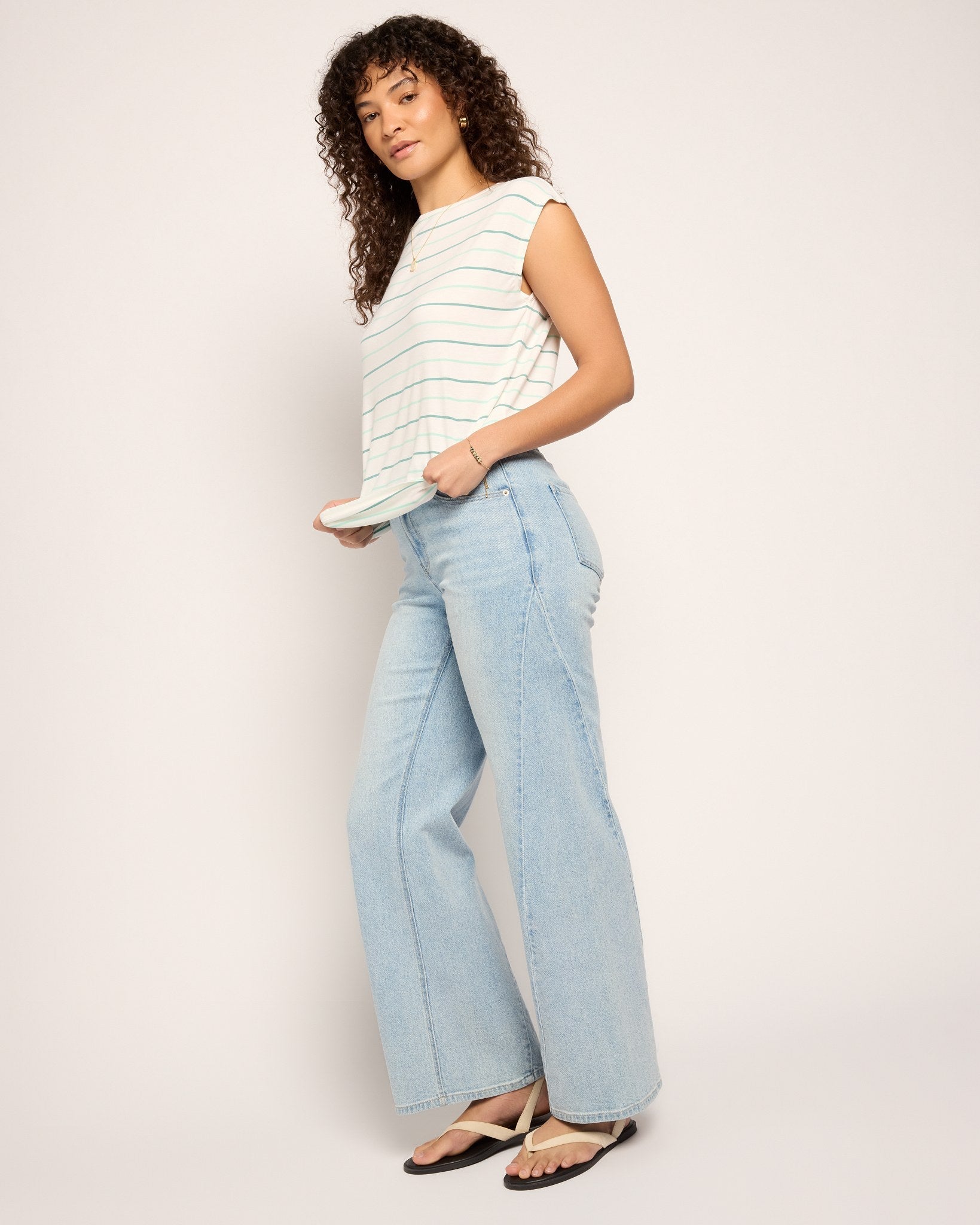 Natural/Sea Glass $|& SEAS Brentwood Boat Neck Stripe Top - VOF Front