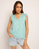 Seaglass $|& SEAS Macy Printed Ruffle Knit Top - SOF Front
