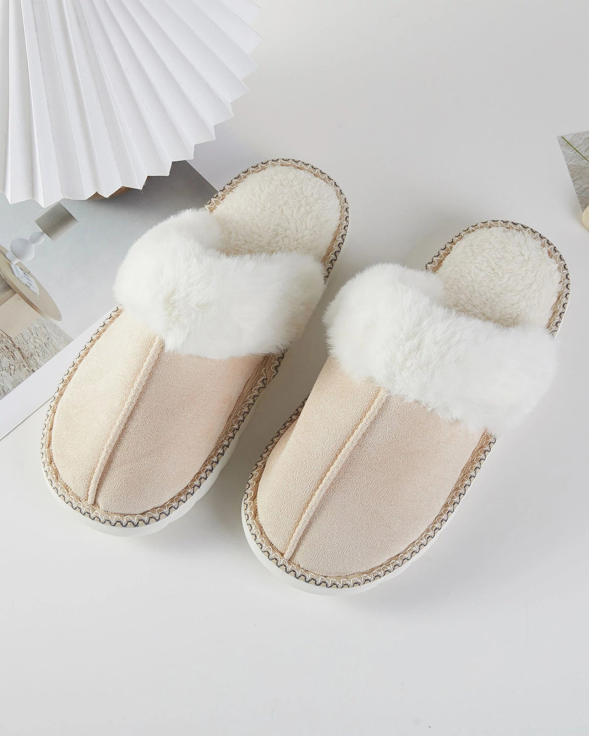 Beige $|& KNC Faux Fur Suede Slipper - VOF Detail