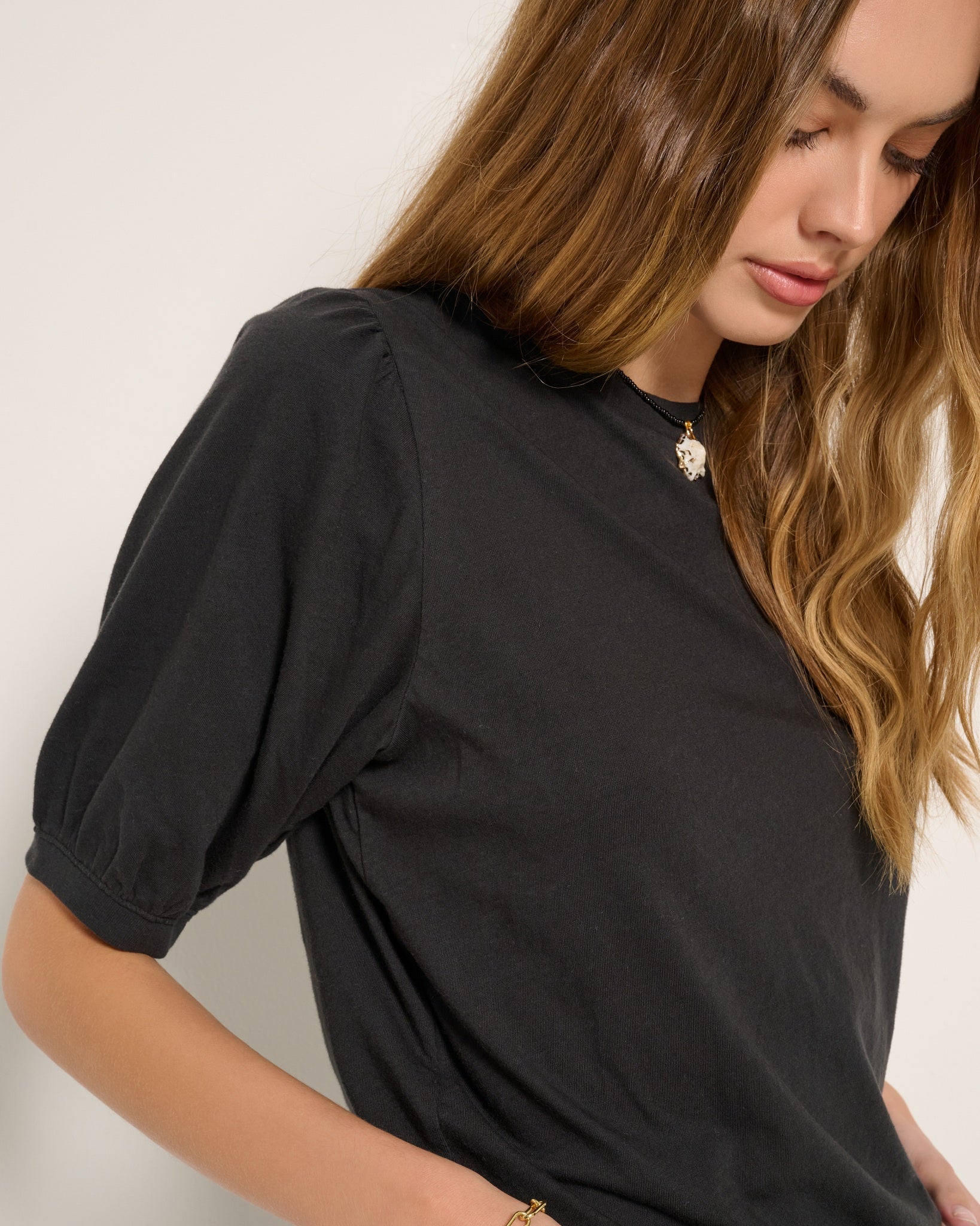 Faded Black $|& SEAS Meadow Shirred Sleeve Tee - SOF Full Front