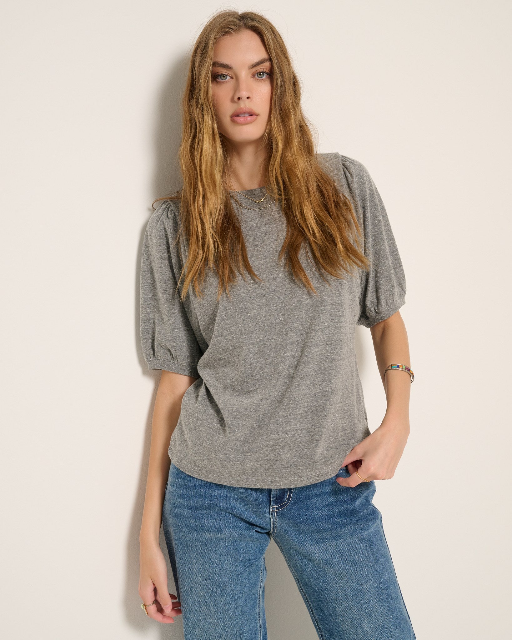 Heather Grey $|& SEAS Meadow Shirred Sleeve Tee - SOF Front