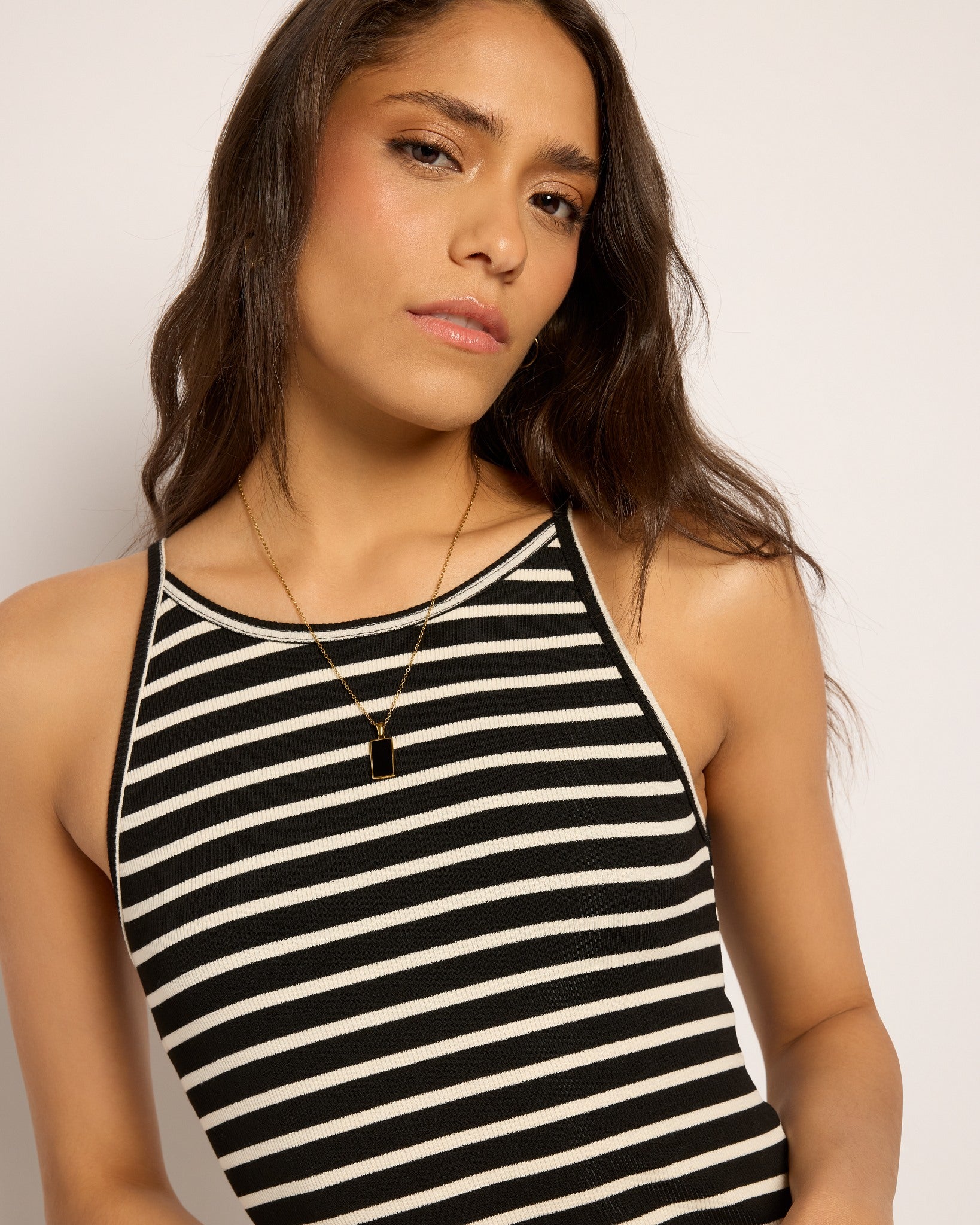 Black/Cream $|& SEAS Laurel Striped Ribbed Shelf Bra Dress - SOF Full Front