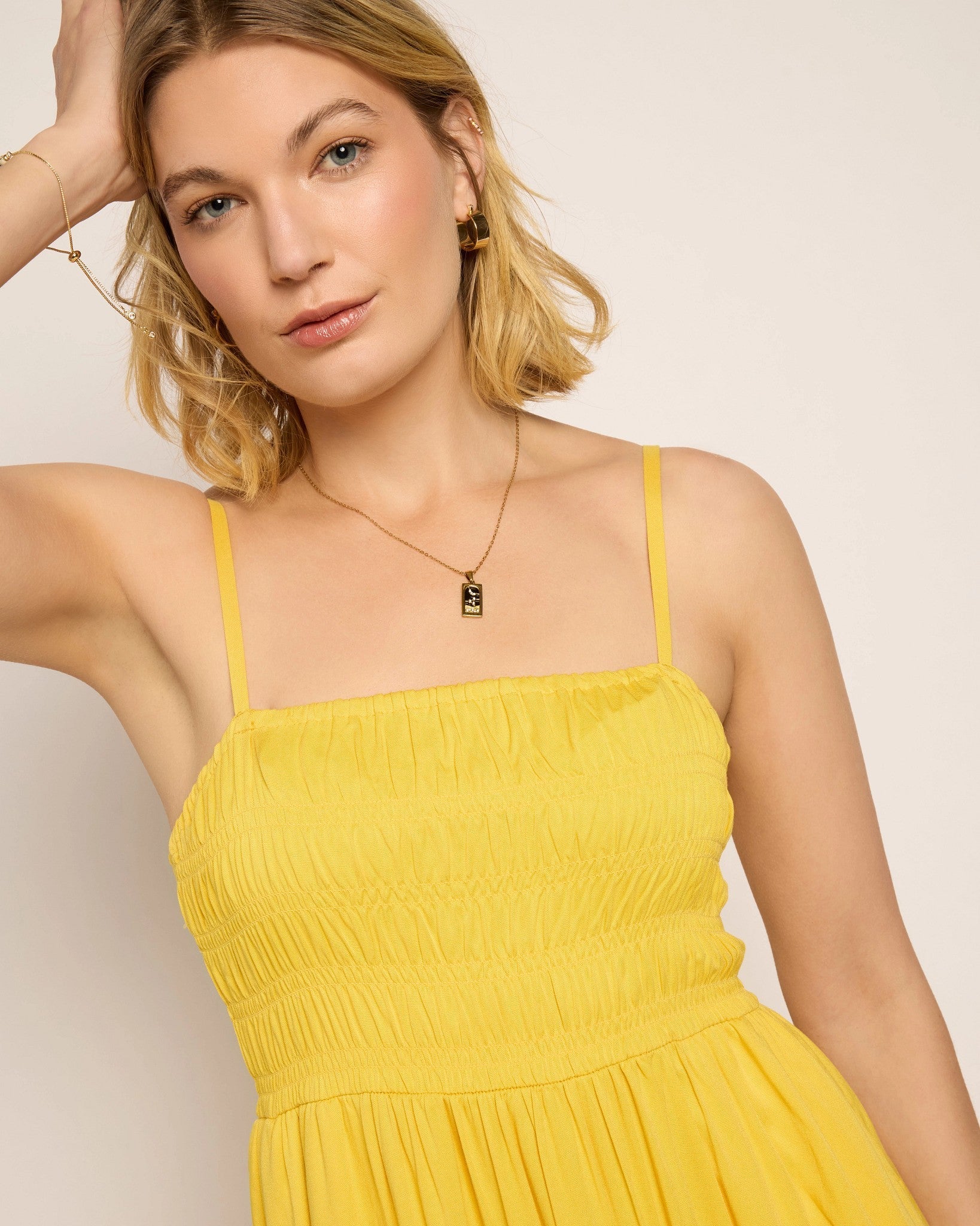 yellow smocked midi dress Regal Smocked Dress Pineapple XS