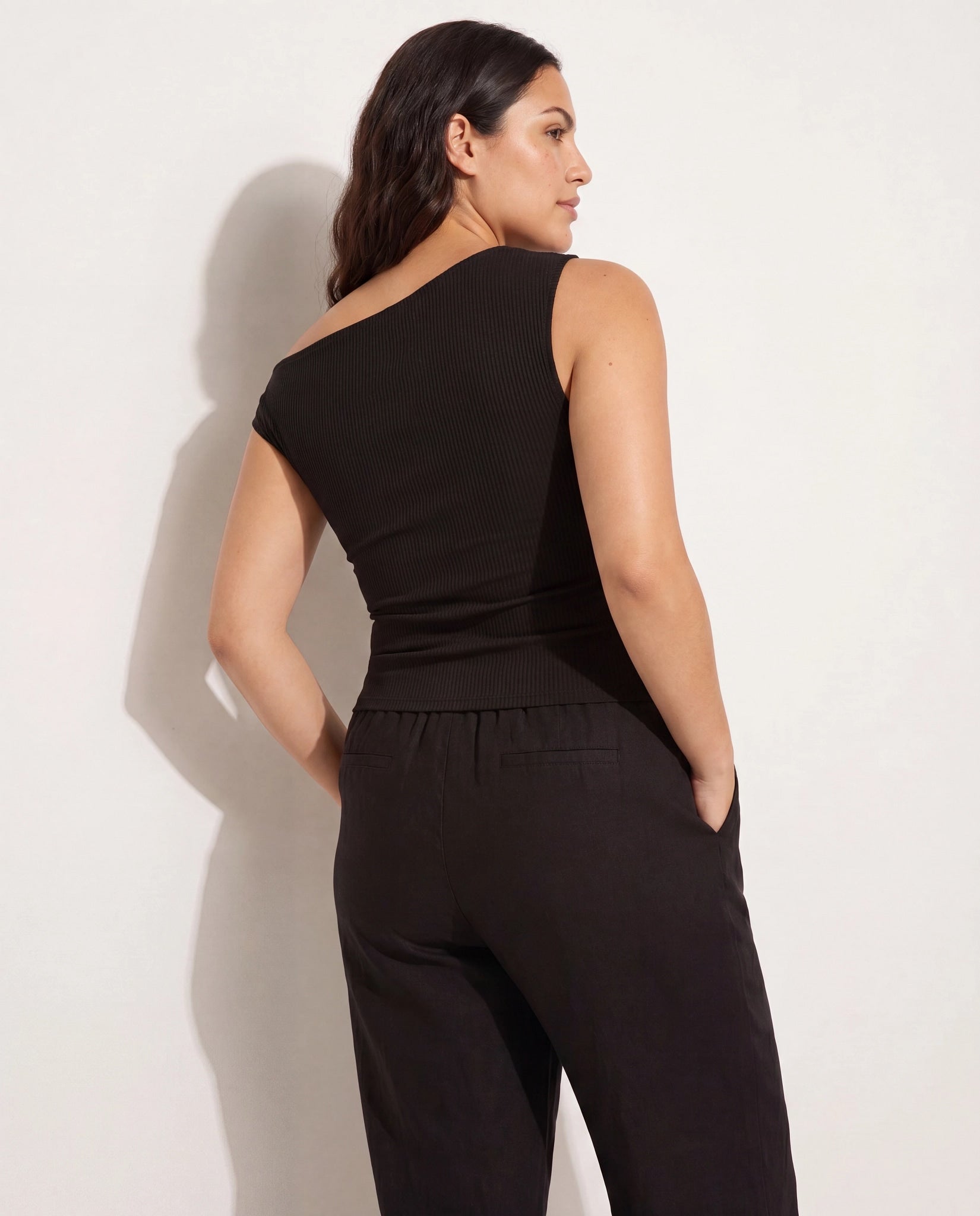 Black $|& SEAS Eden Pleated One Shoulder Top - SOF Back