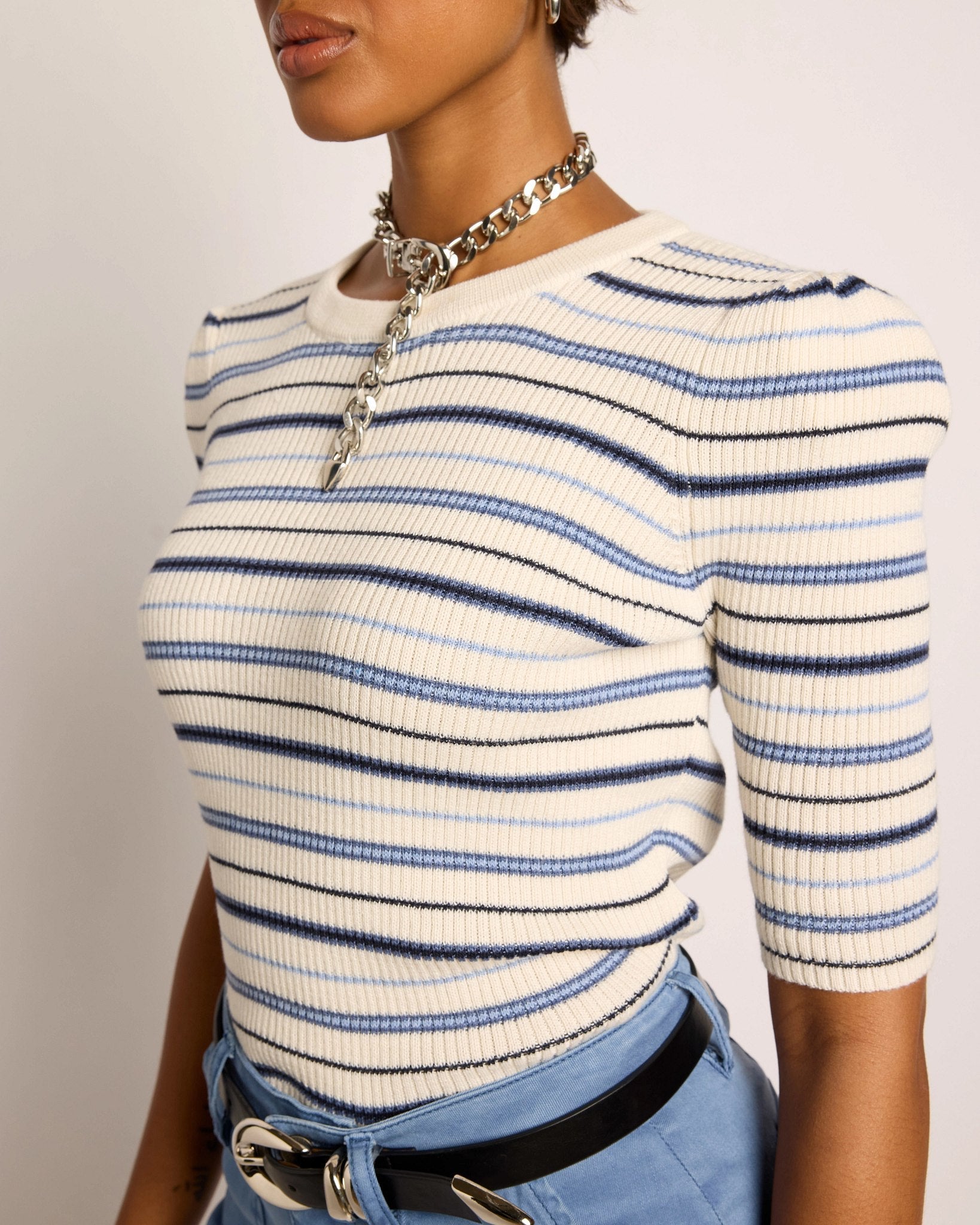 Cream Stripe $|& SEAS Amelia Elbow Sleeve Striped Sweater Top - VOF Front