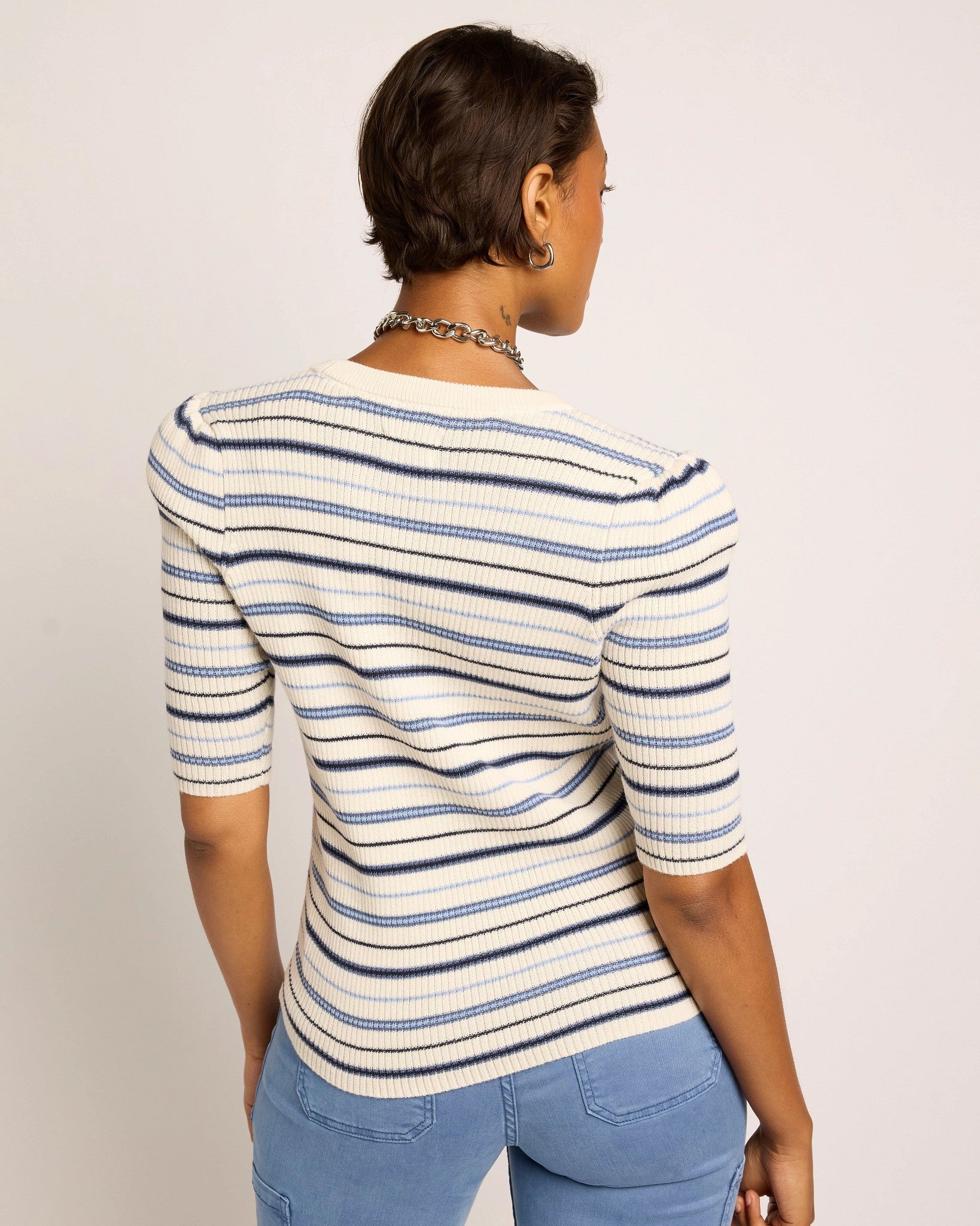 Cream Stripe $|& SEAS Amelia Elbow Sleeve Striped Sweater Top - SOF Back