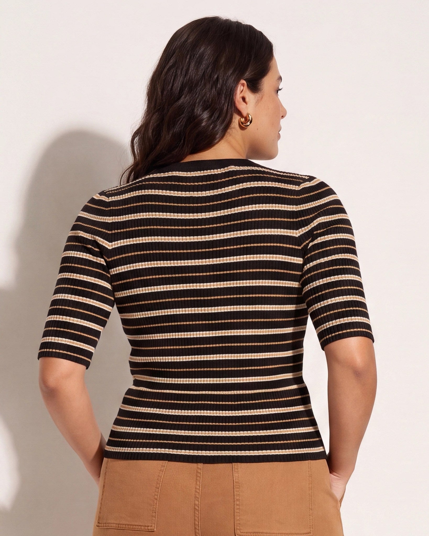 Black Stripe $|& SEAS Amelia Elbow Sleeve Striped Sweater Top - SOF Back