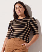 Black Stripe $|& SEAS Amelia Elbow Sleeve Striped Sweater Top - SOF Front