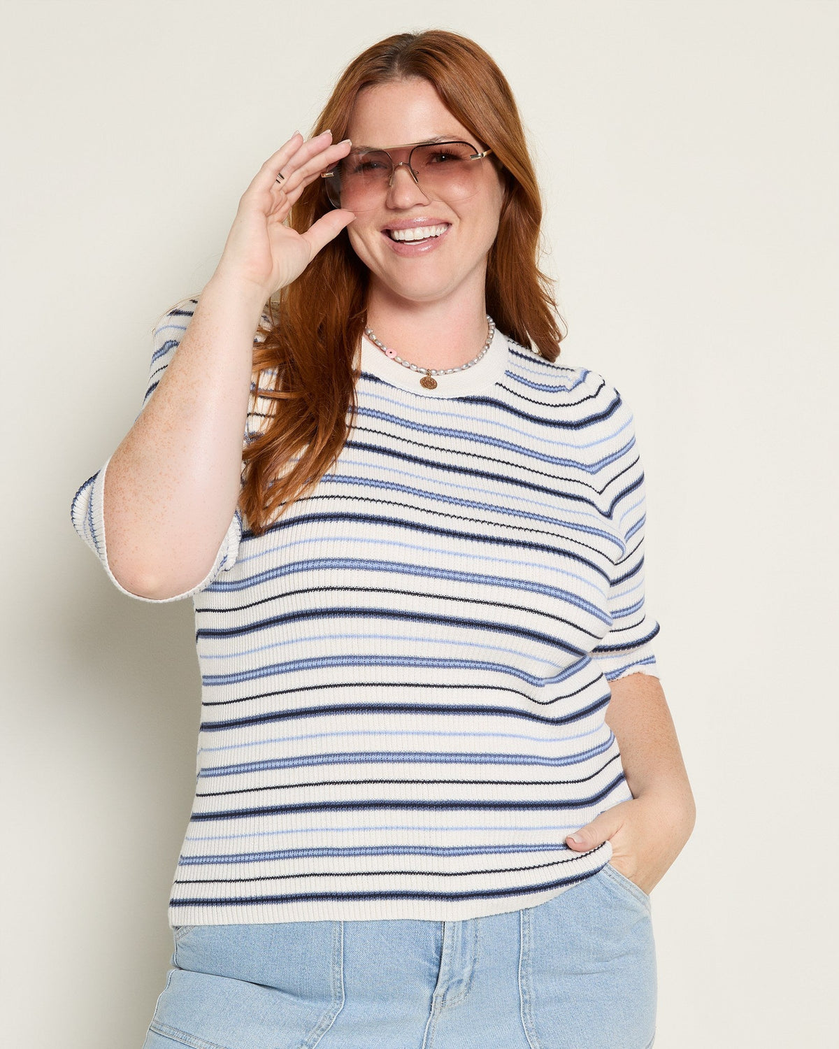 Cream Stripe $|& SEAS Amelia Elbow Sleeve Striped Sweater Top - SOF Front