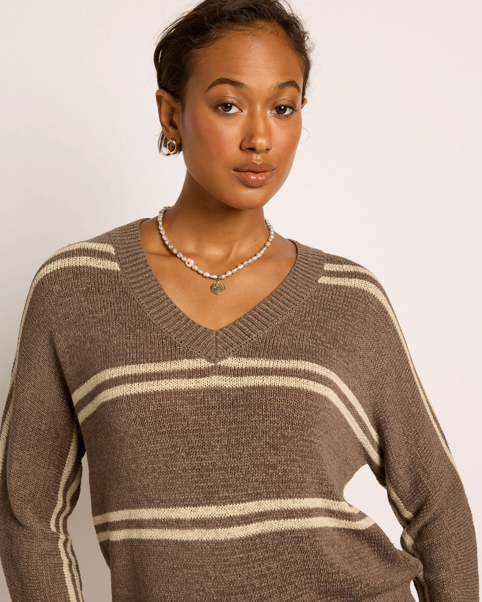 Ashwood/Grey Stripe $|& SEAS Mila Striped V-Neck Sweater - SOF Full Front