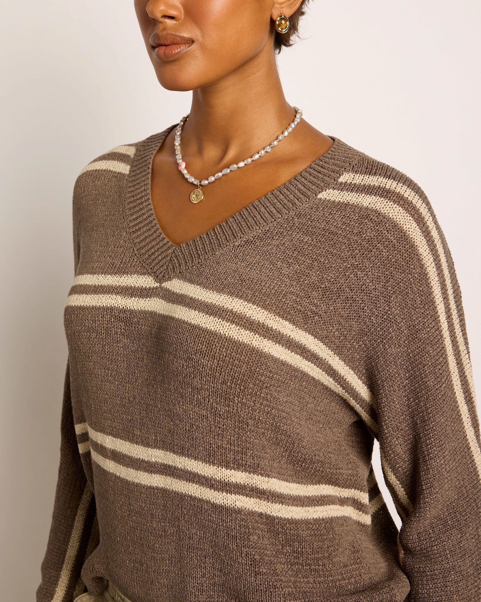 Ashwood/Grey Stripe $|& SEAS Mila Striped V-Neck Sweater - VOF Front