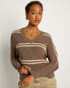 Ashwood/Grey Stripe $|& SEAS Mila Striped V-Neck Sweater - SOF Front