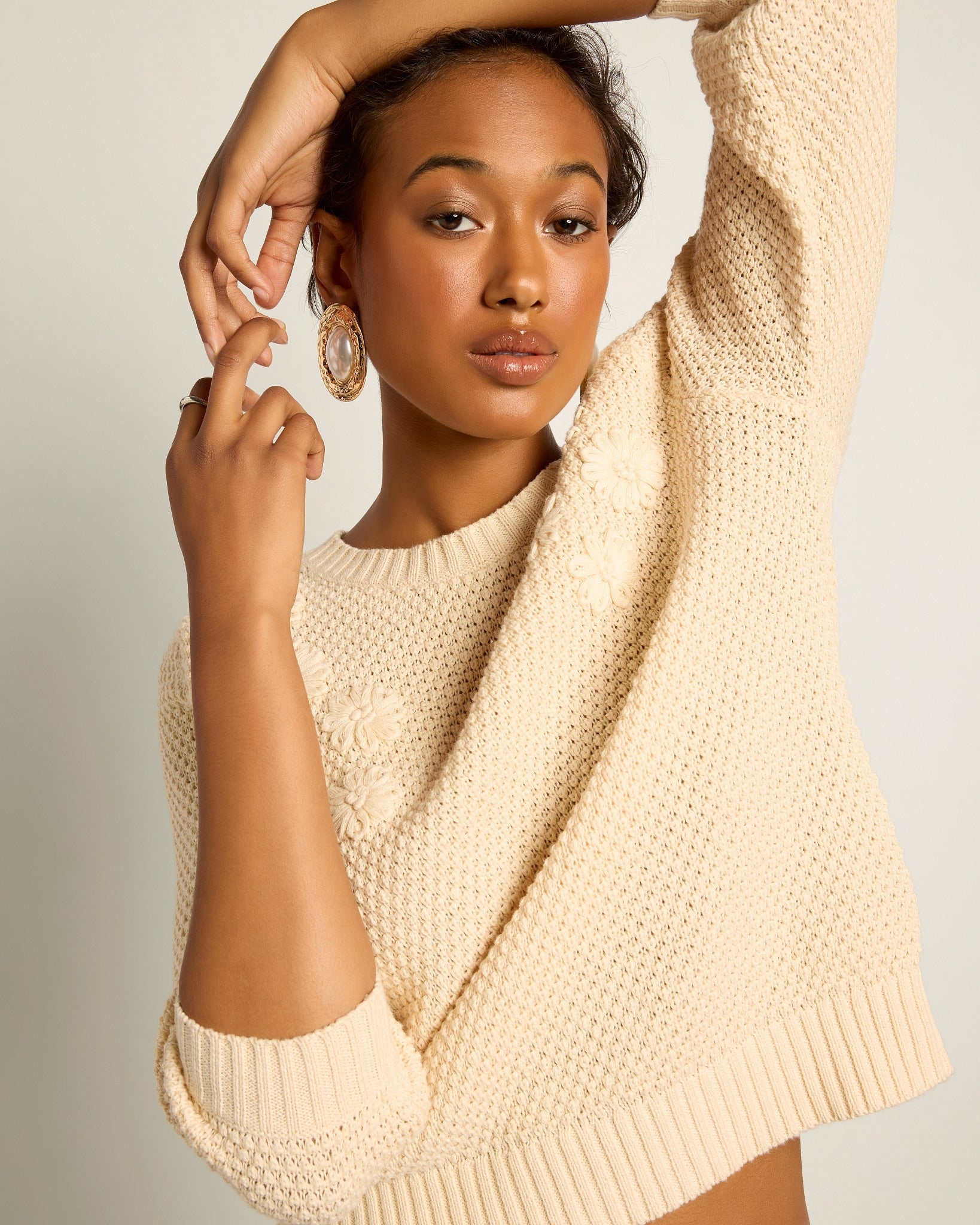 Cream $|& SEAS Penelope 3/4 Sleeve Sweater - SOF Full Front