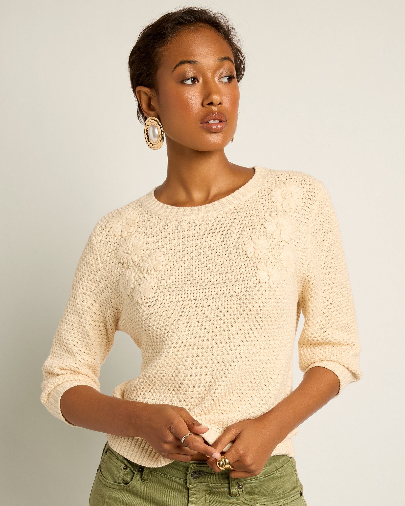 Cream $|& SEAS Penelope 3/4 Sleeve Sweater - SOF Front