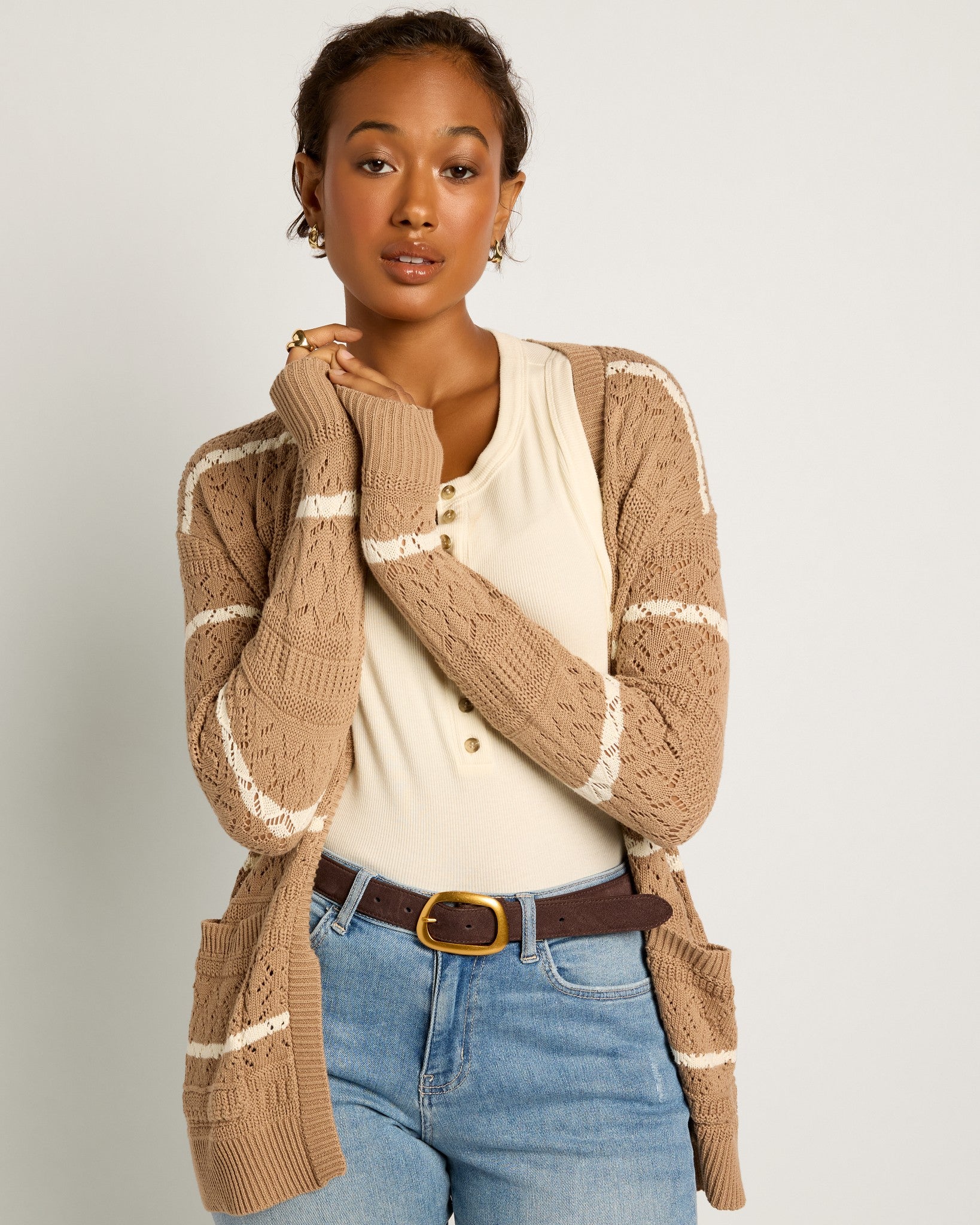 Fawn/Cream $|& SEAS Shore Pocket Cardigan - SOF Front