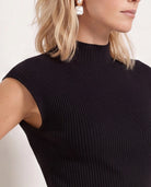 Black $|& SEAS Eliana Shirred Mock Neck Tee - SOF Full Front