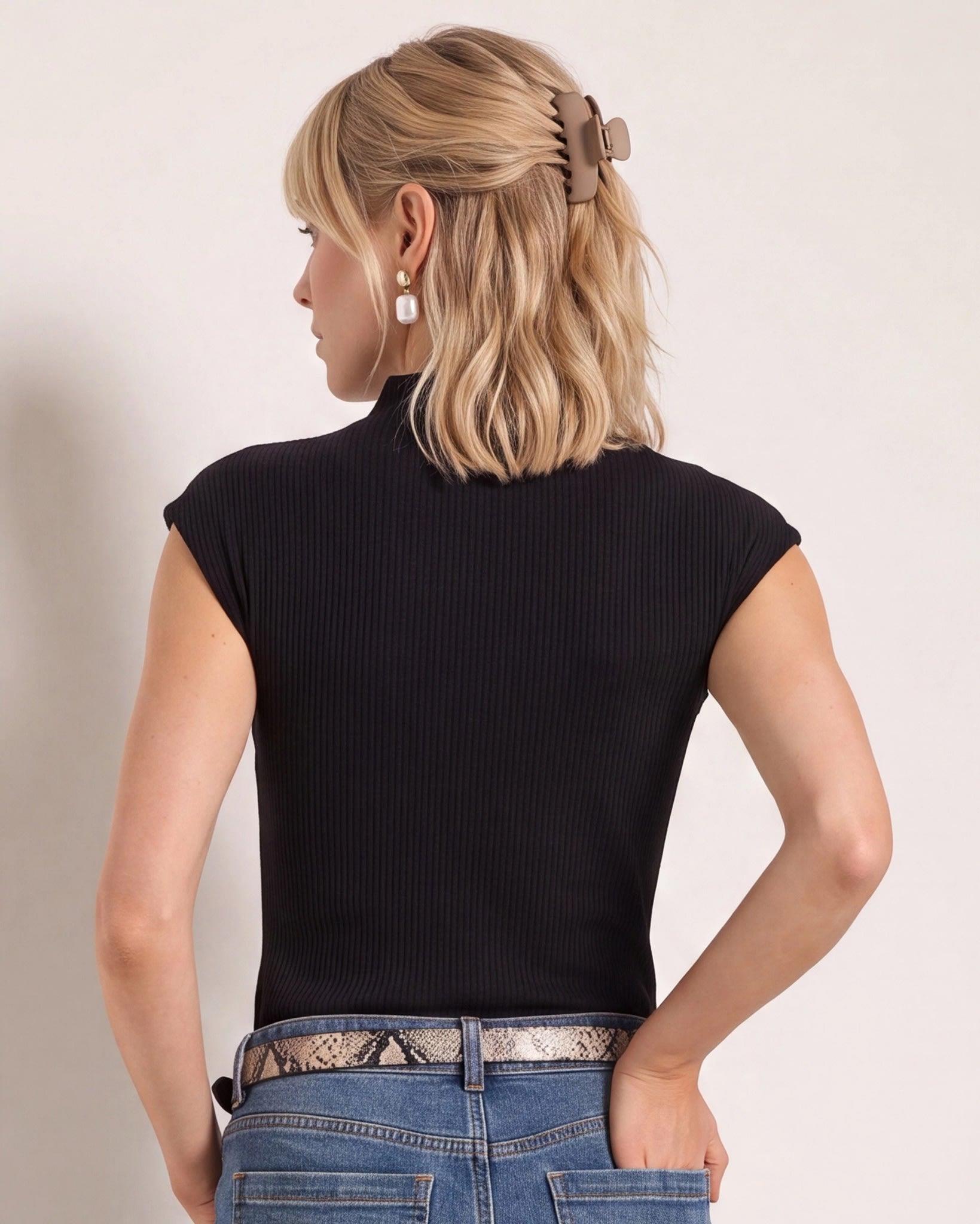 Black $|& SEAS Eliana Shirred Mock Neck Tee - SOF Back