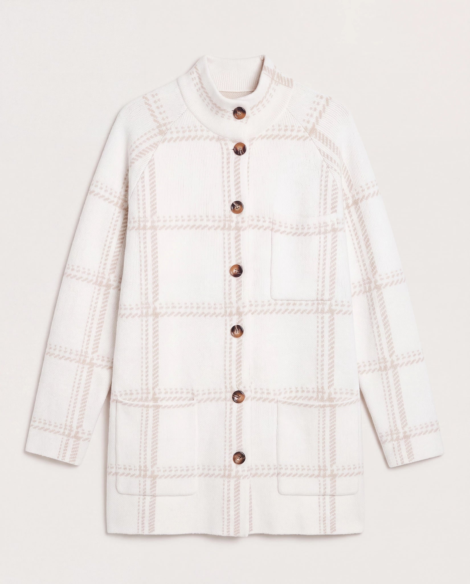 Cream Plaid $|& SEAS Riverbank Elongated Coatigan - Hanger Detail