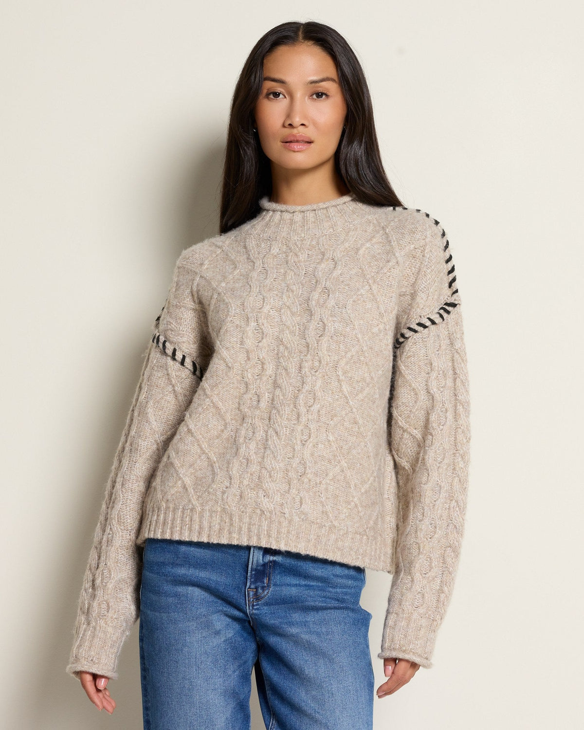 Oatmeal/Black $|& Bobeau Cable Knit Pullover with Whipstitch Detail - SOF Front