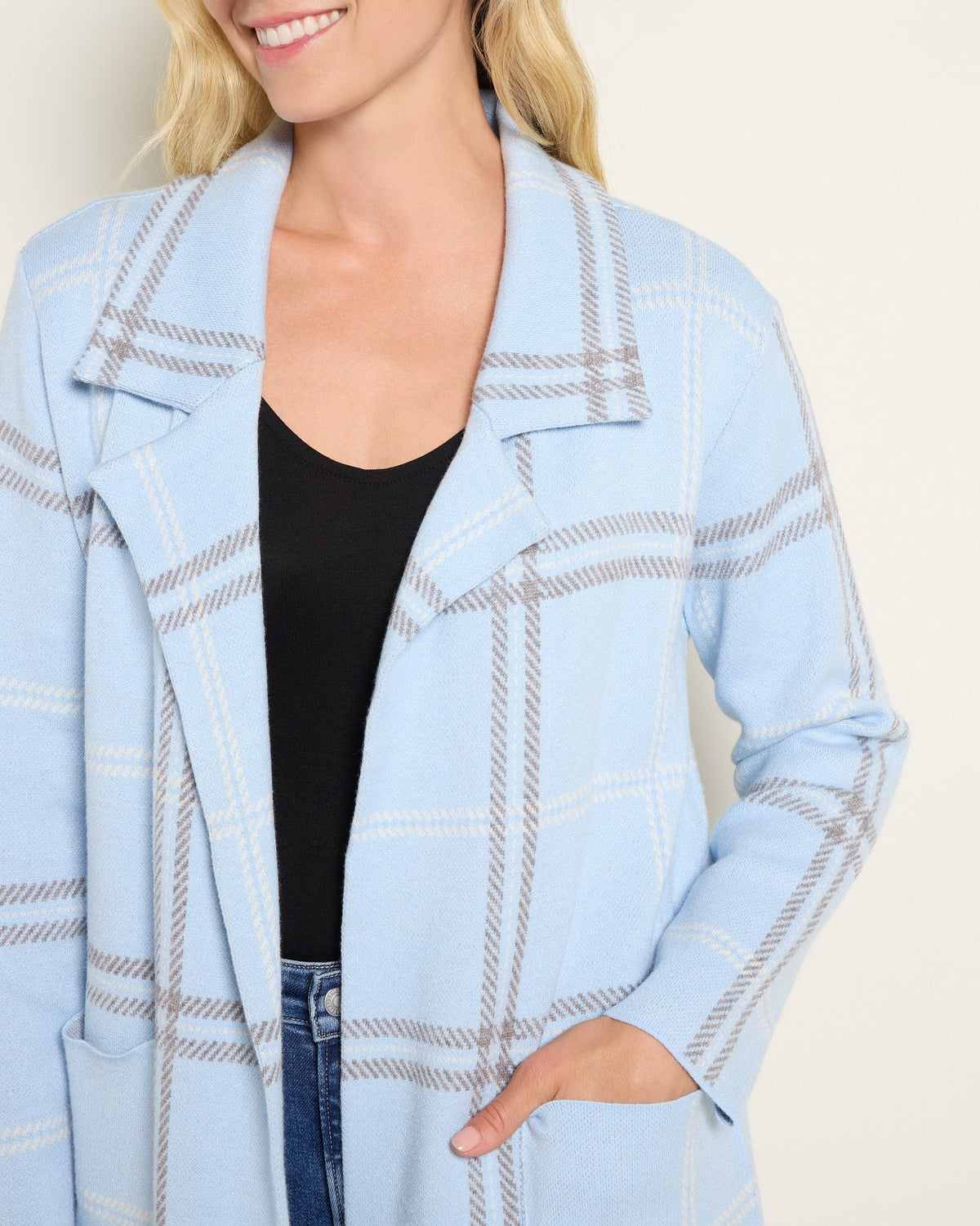 Light Blue Pepper Plaid $|& OneWorld Light Weight Sweater Coatigan - SOF Full Front