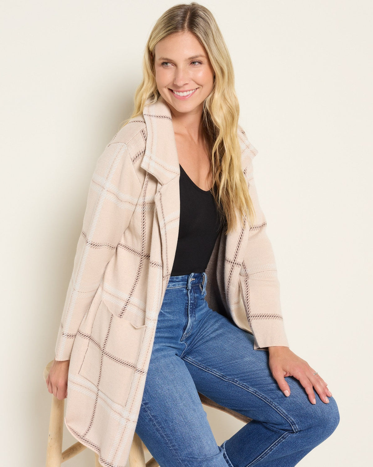 Taupe Plaid $|& OneWorld Light Weight Sweater Coatigan - SOF Full Front
