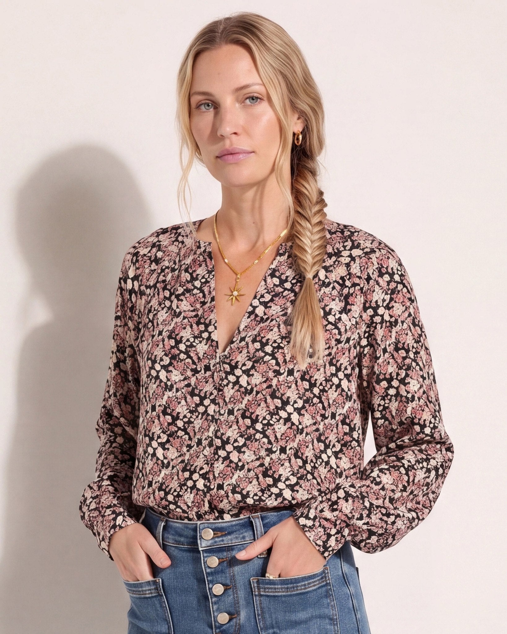 Black Floral $|& SEAS Sonia Button Up Shirt - SOF Front