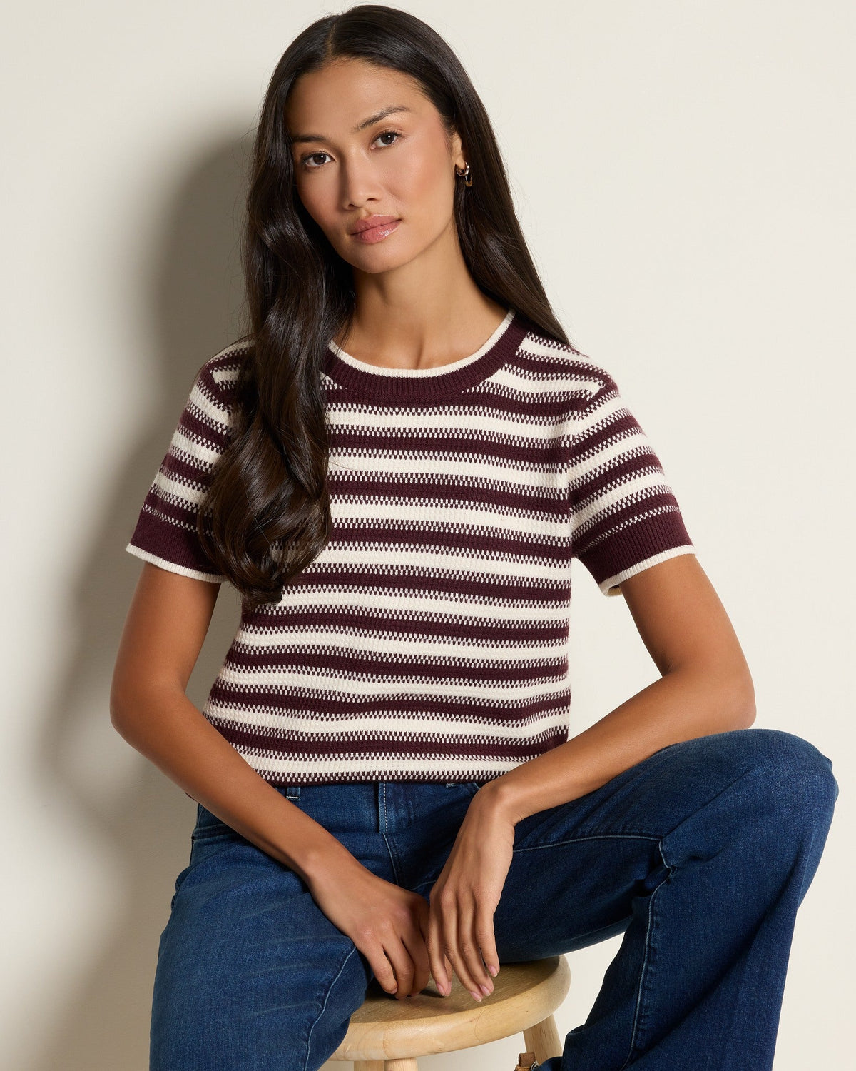 Cream Maroon Stripe $|& Thread & Supply Welles Sweater Knit Top - SOF Full Front