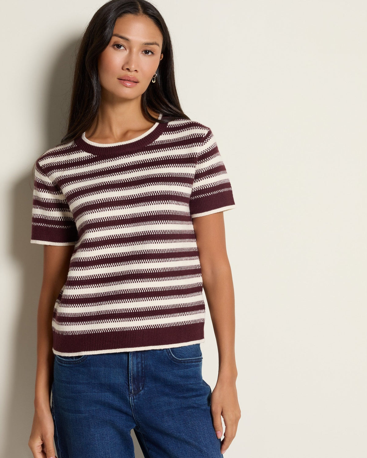 Cream Maroon Stripe $|& Thread & Supply Welles Sweater Knit Top - SOF Front