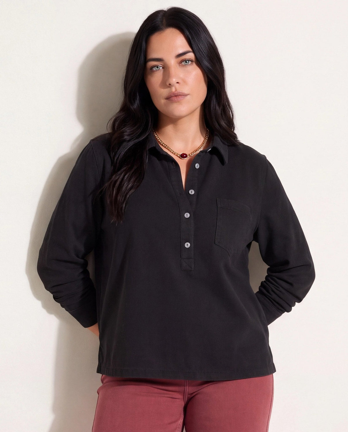 Black $|& SEAS Amber Button Down - SOF Front