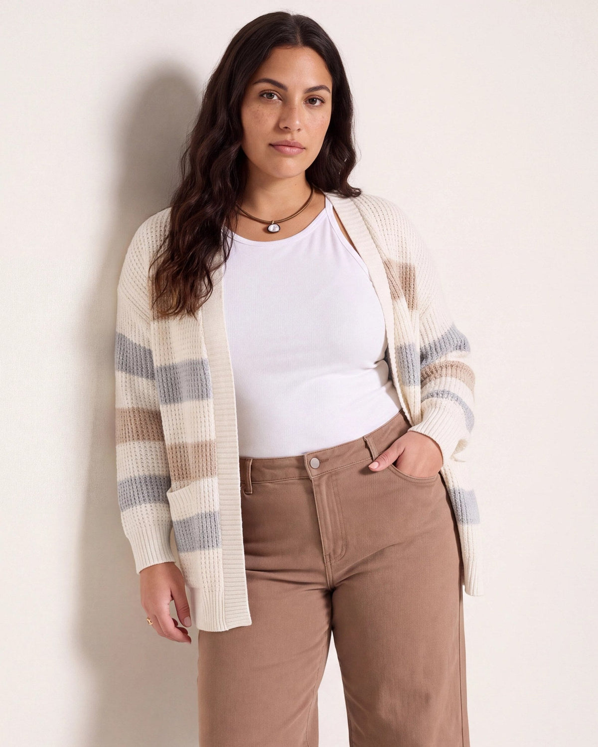 Cream/Ht Grey Stripe $|& SEAS Olivia Cardigan with Pockets - SOF Front