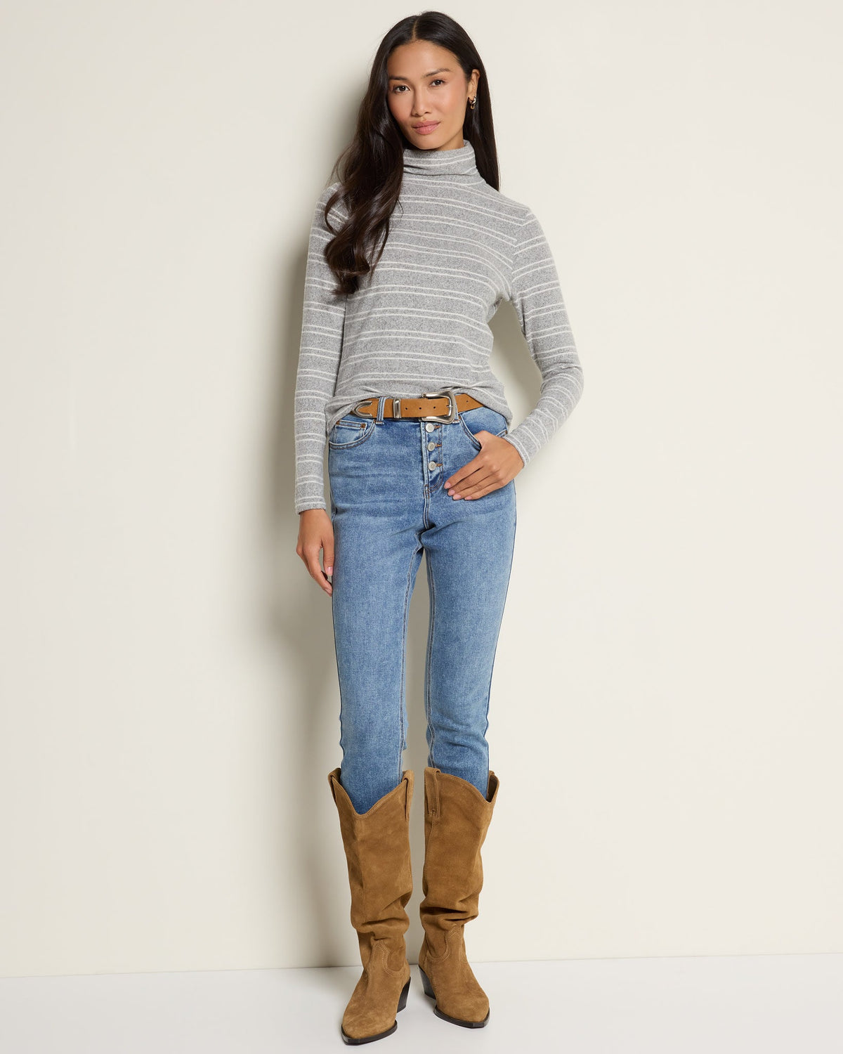 Heather Grey White $|& SEAS Elena Long Sleeve Turtleneck Top - UGC On Fig