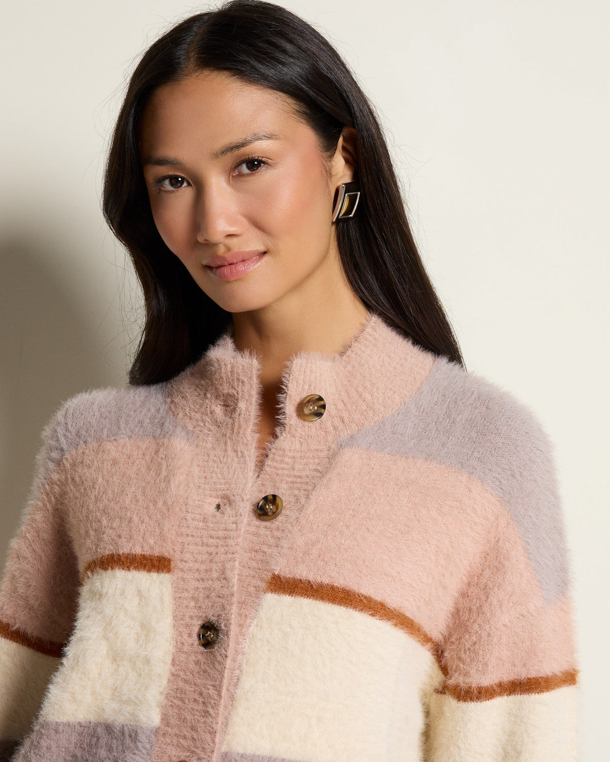 Almond Multi Stripe $|& SEAS Aster Stripe Turtleneck Cardigan - SOF Full Front