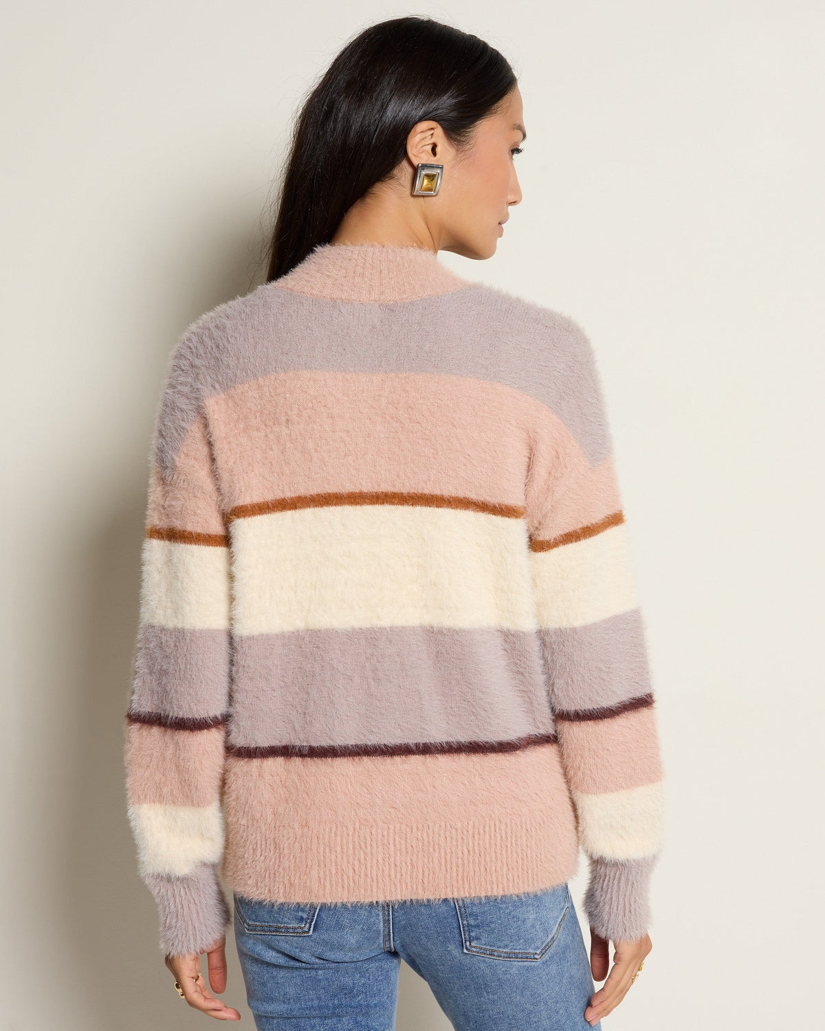 Almond Multi Stripe $|& SEAS Aster Stripe Turtleneck Cardigan - SOF Back