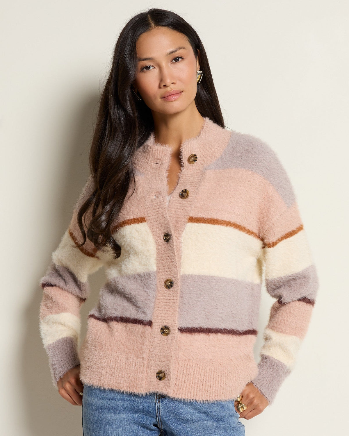 Almond Multi Stripe $|& SEAS Aster Stripe Turtleneck Cardigan - SOF Front