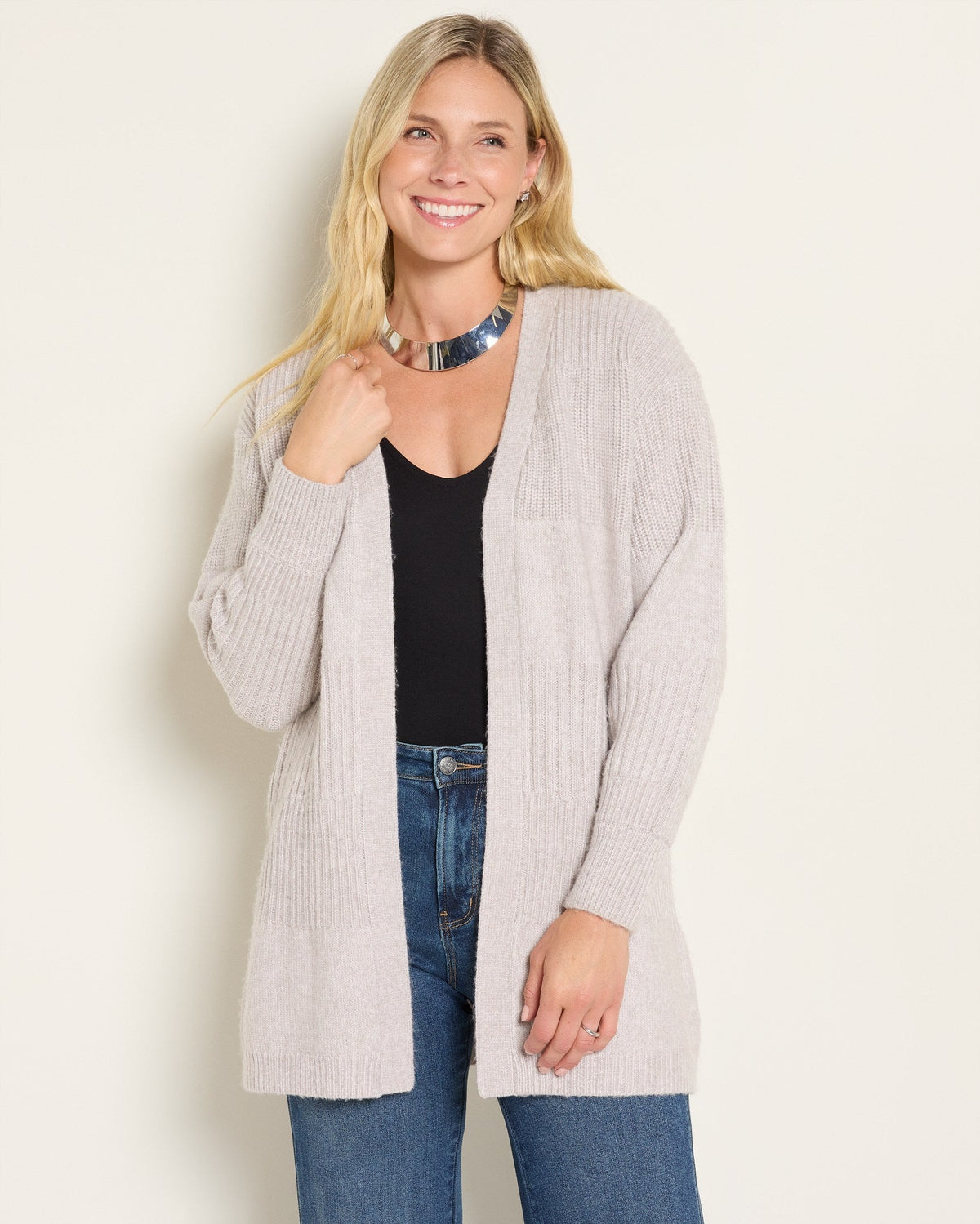 Sandstone $|& SEAS Emma Drop Sleeve Cardigan - SOF Front