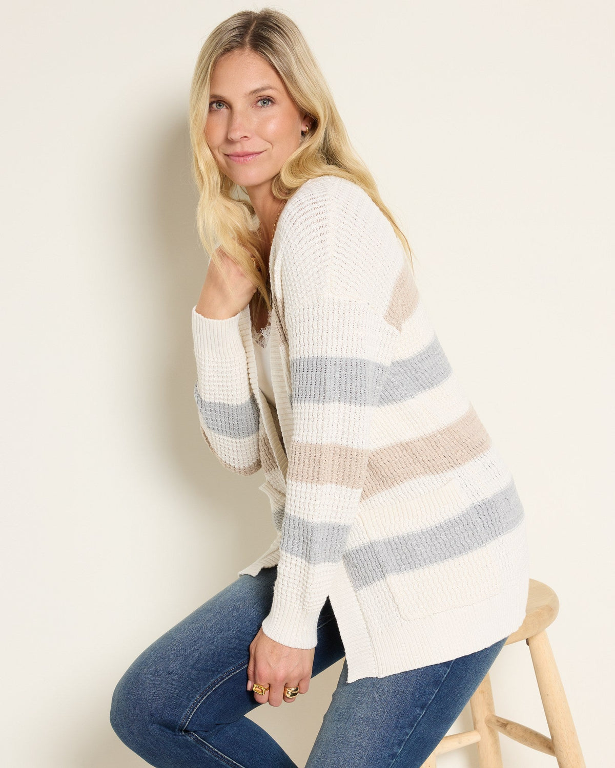 Cream Heather Grey Stripe $|& SEAS Olivia Pocket Cardigan - VOF Front
