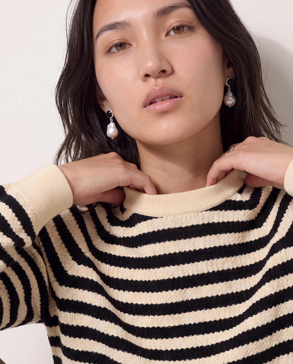 Ivory Black Stripe $|& SEAS Brisa Raglan Striped Long Sleeve Top - SOF Full Front