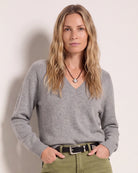 Heather Grey $|& SEAS Madelyn V-Neck Sweater - VOF Front