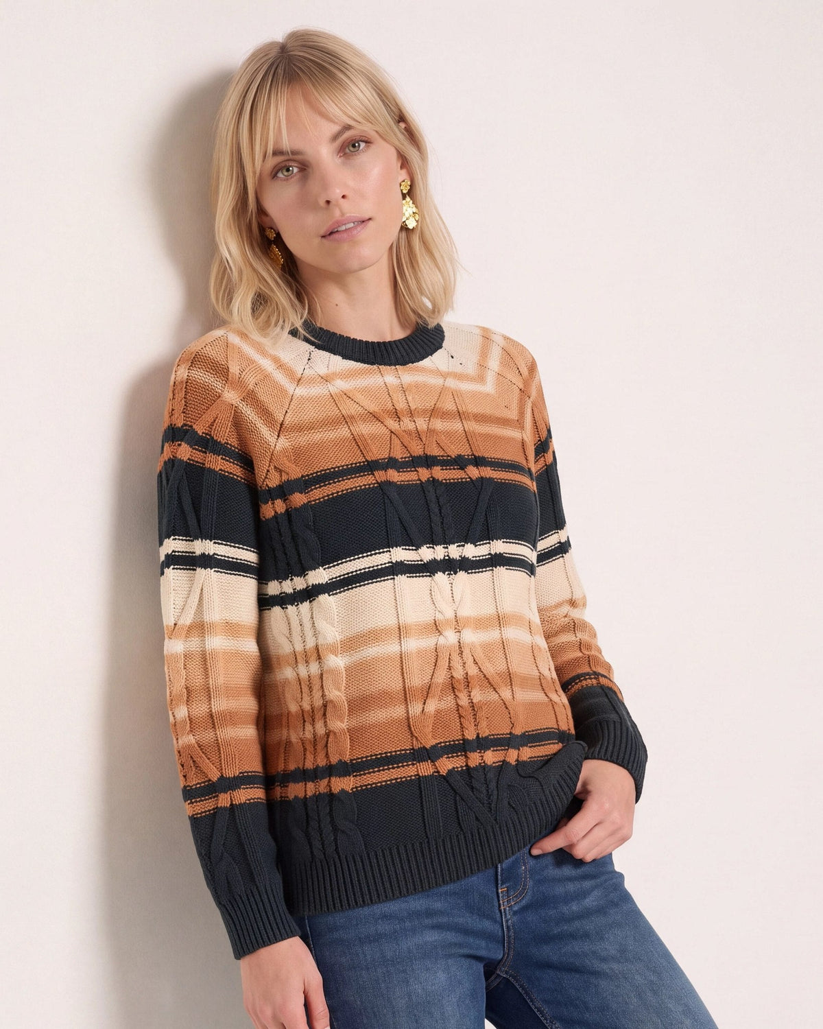 Pine Stripe $|& SEAS Starry Cable Knit Sweater - SOF Full Front