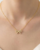 Gold $|& Fame Accessories Gold Dipped Cz Stud Ribbon Bow Pendant Necklace - VOF Detail