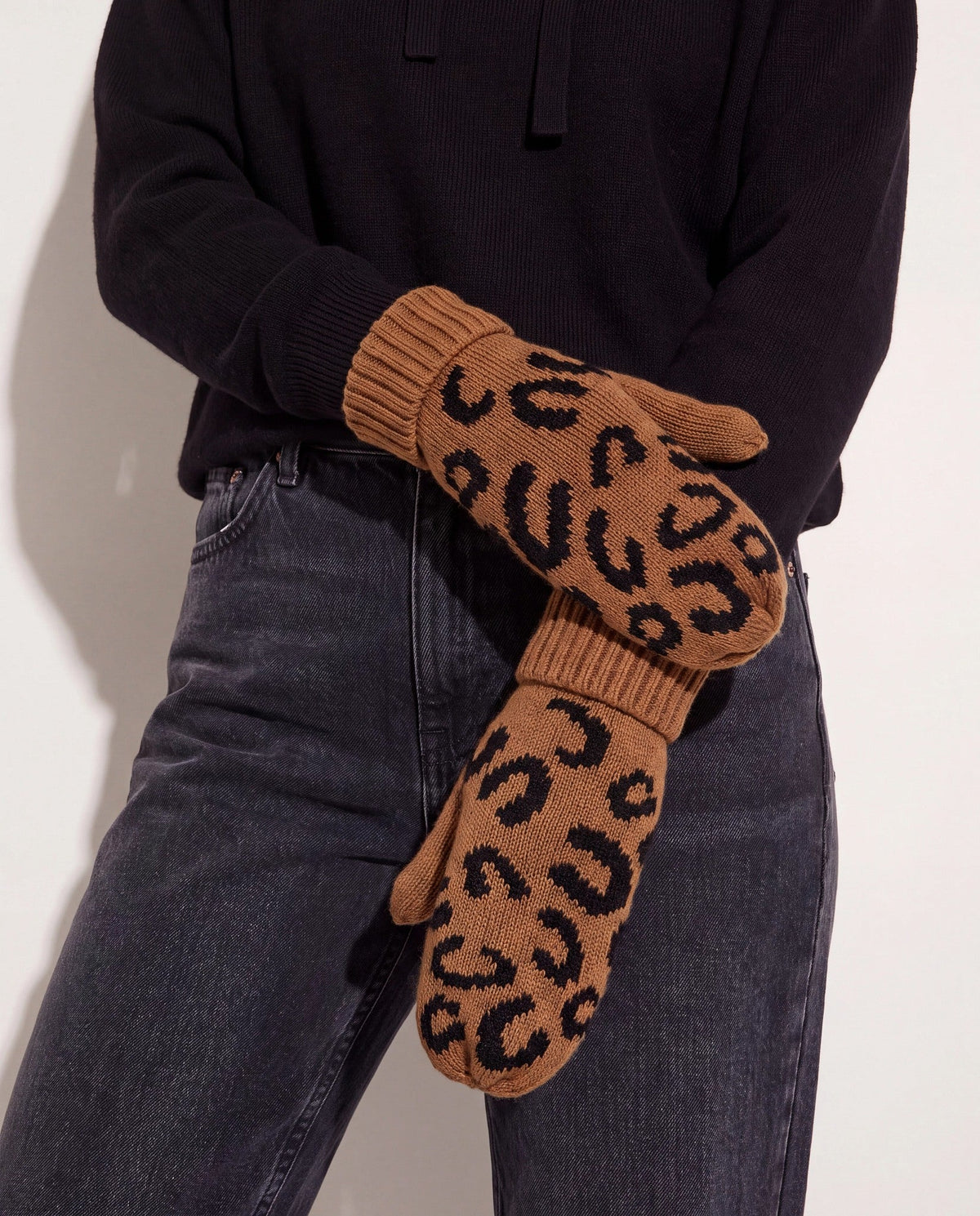 Brown $|& Panache Apparel Camel Leopard Printed Knit Mittens - SOF Front