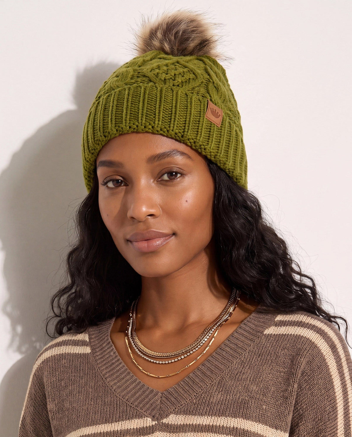 Matcha $|& Panache Apparel Olive Cable Pom Hat - SOF Front