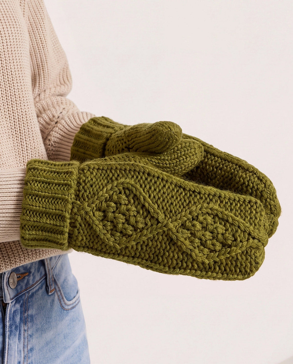 Matcha $|& Panache Apparel Olive Cable Pom Mittens - SOF Full Front