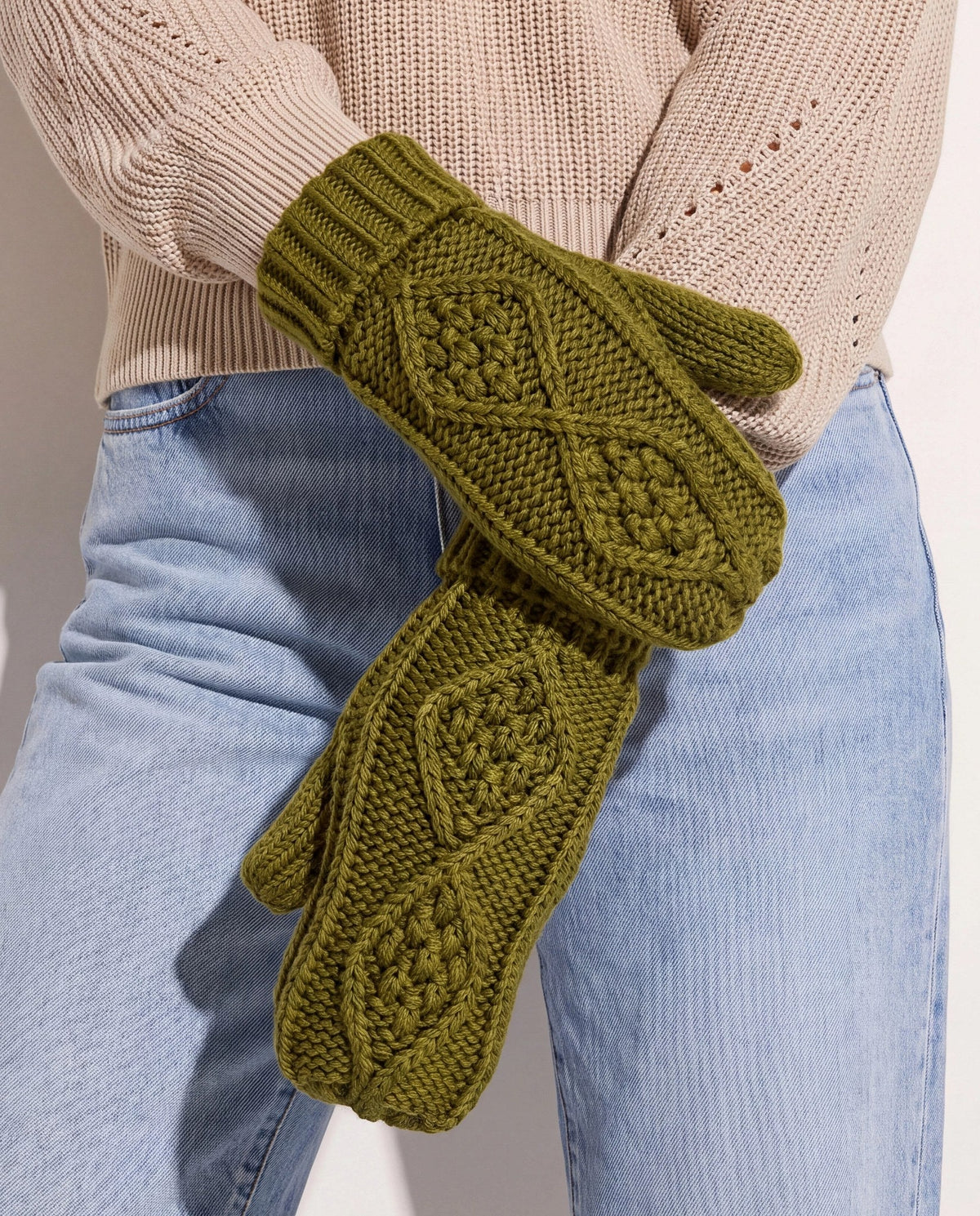 Matcha $|& Panache Apparel Olive Cable Pom Mittens - SOF Front