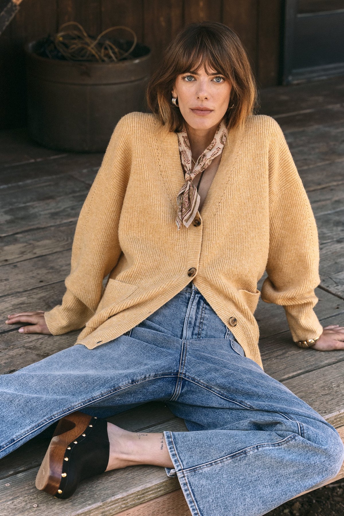 SEAS Holiday 2025 Look 1 - Callie V Neck Cardigan in Heather Golden, Dusk Patch Pocket Straight Jean in Tides