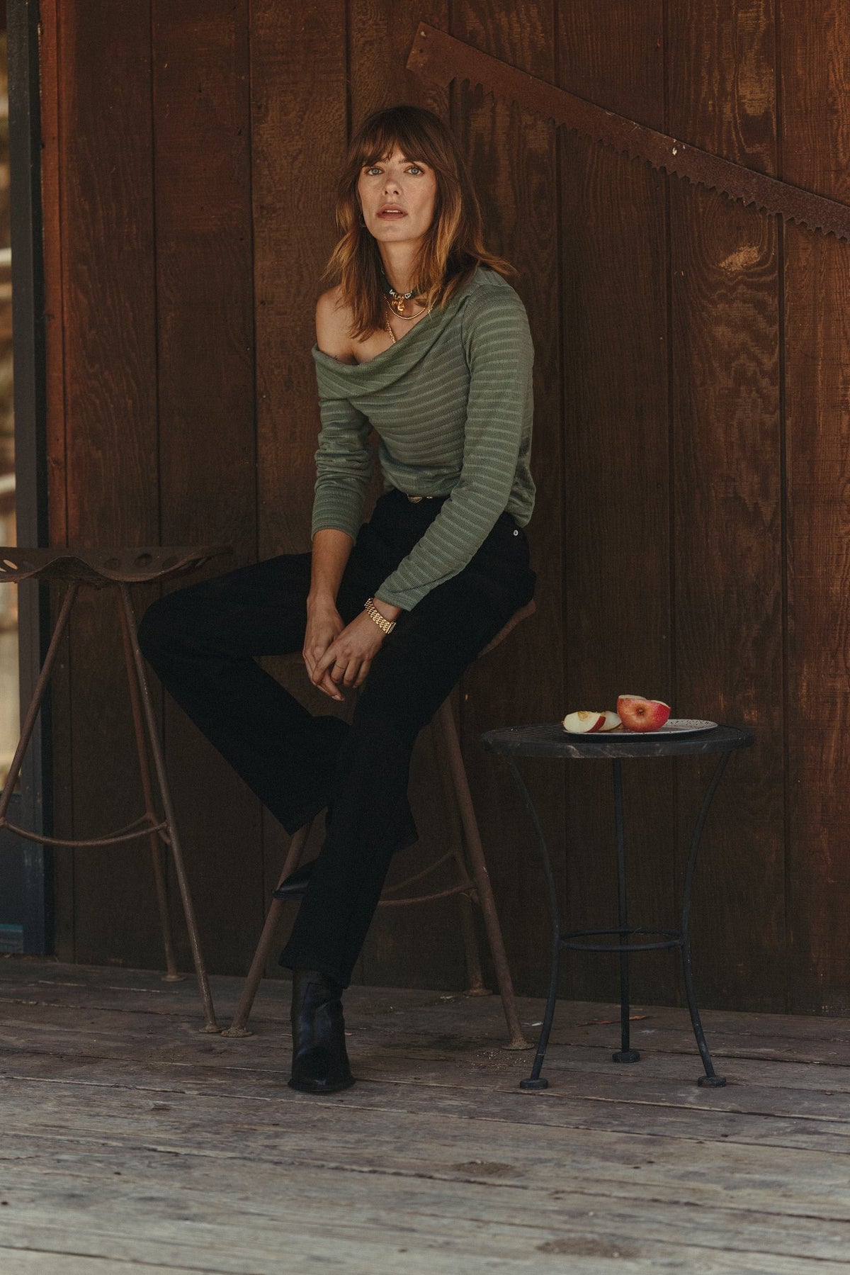 SEAS Holiday 2025 Look 2 - Marigold One Shoulder Top in Faded Turf Green, Billy Bootcut Jean in Black