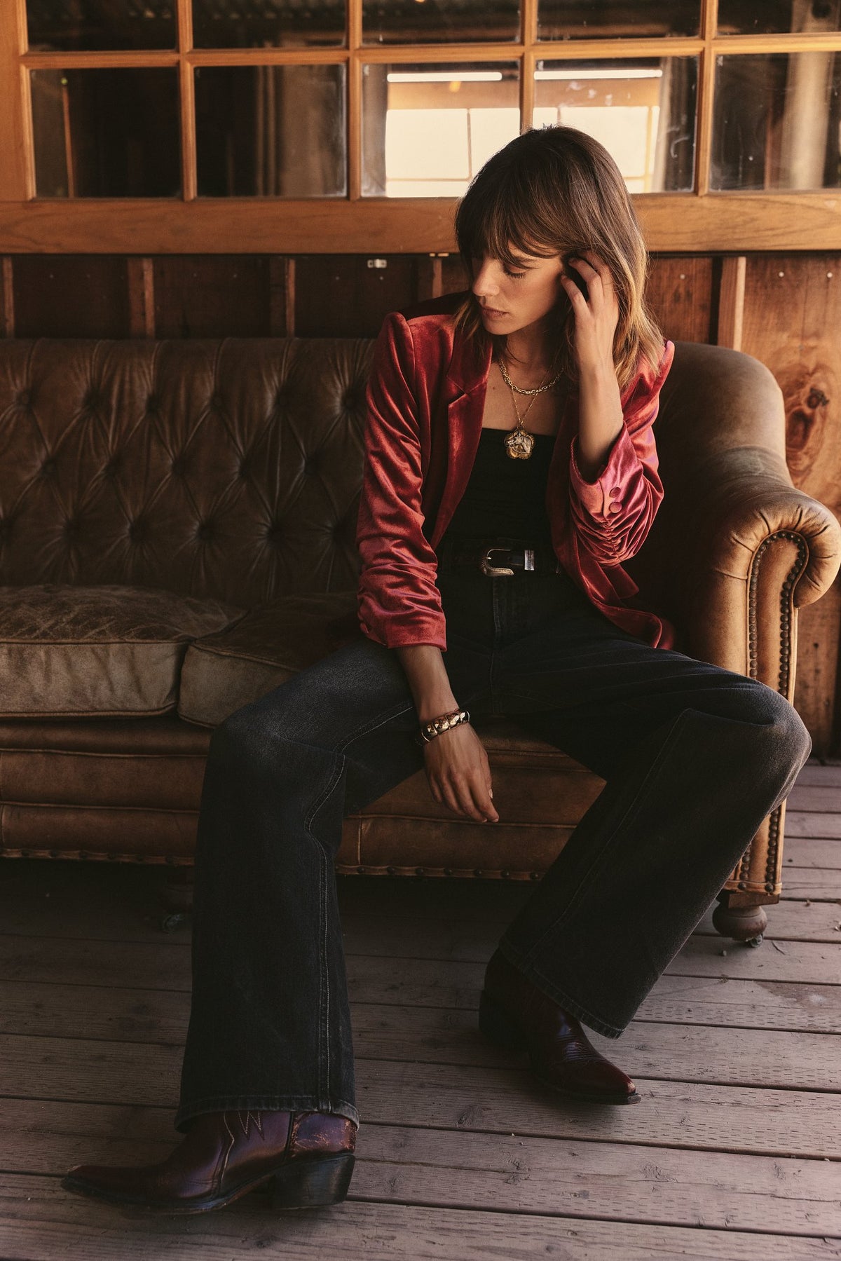SEAS Holiday 2025 Look 8 - Aries Ruched Sleeve Blazer in Maple, Saltwater Wide Leg Jean in Midnight