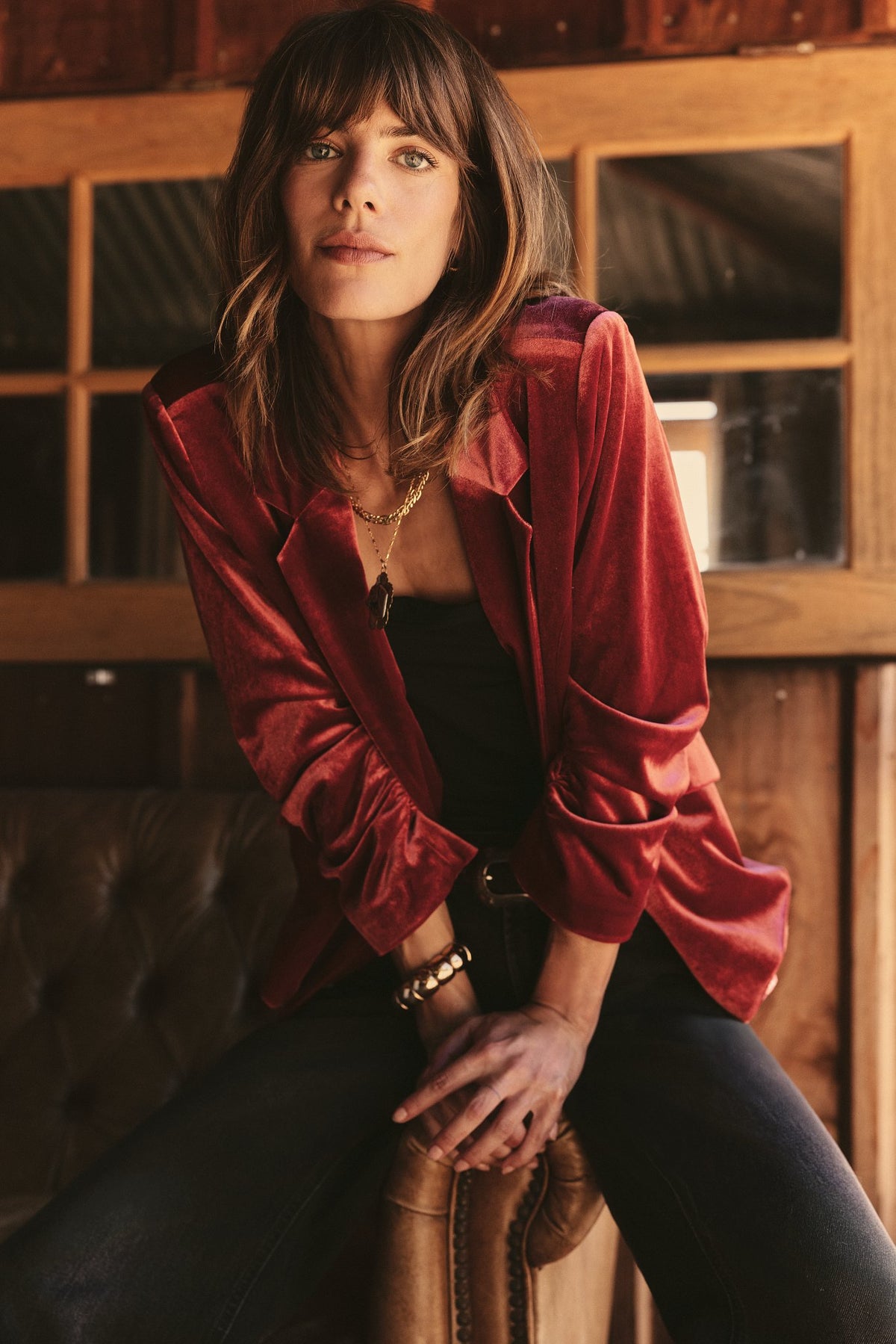 SEAS Holiday 2025 Look 8 - Aries Ruched Sleeve Blazer in Maple, Saltwater Wide Leg Jean in Midnight