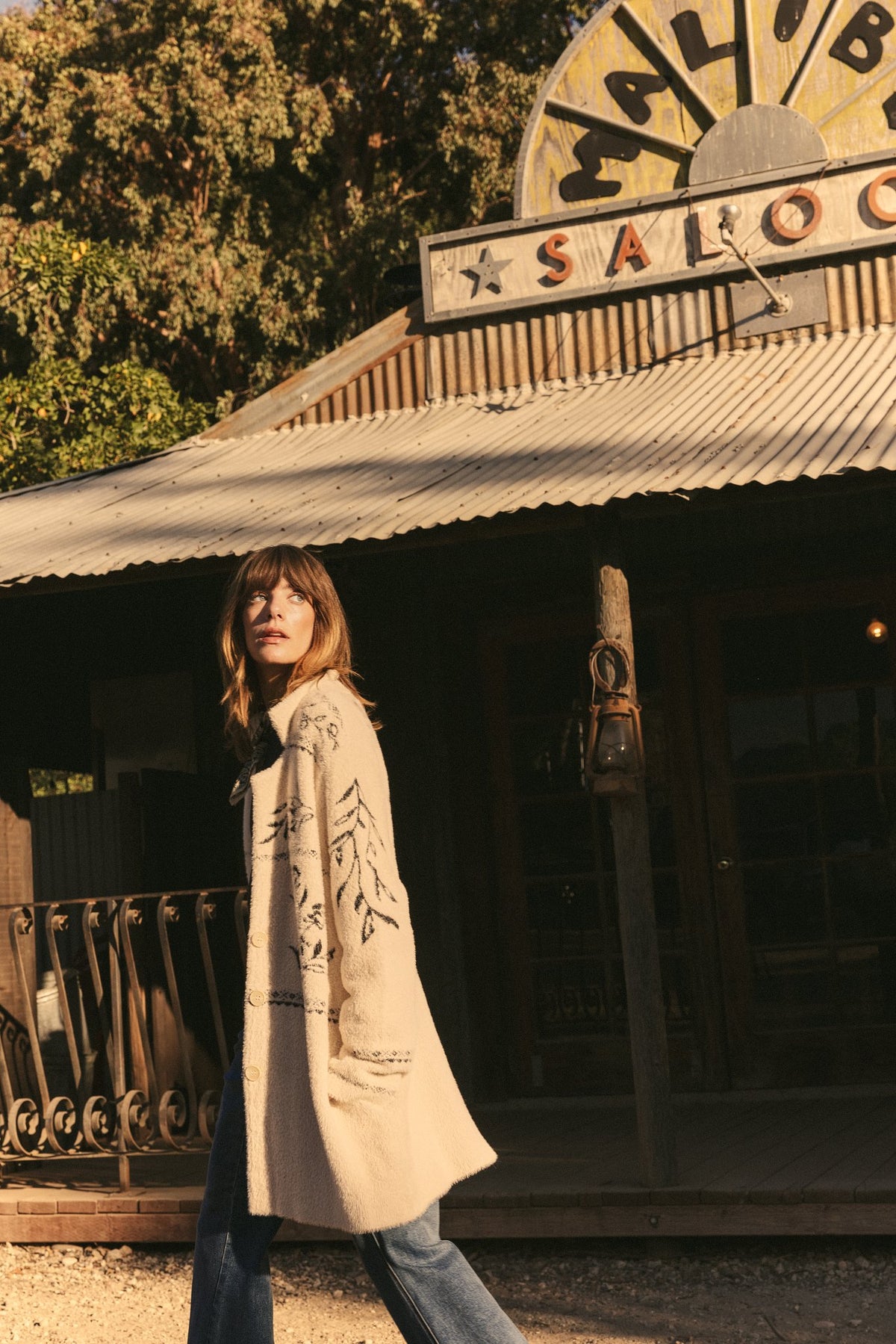 SEAS Holiday 2025 Look 13 - Luxe Coatigan in Cream, Sojourn Flare Leg Jean in Rip Tide