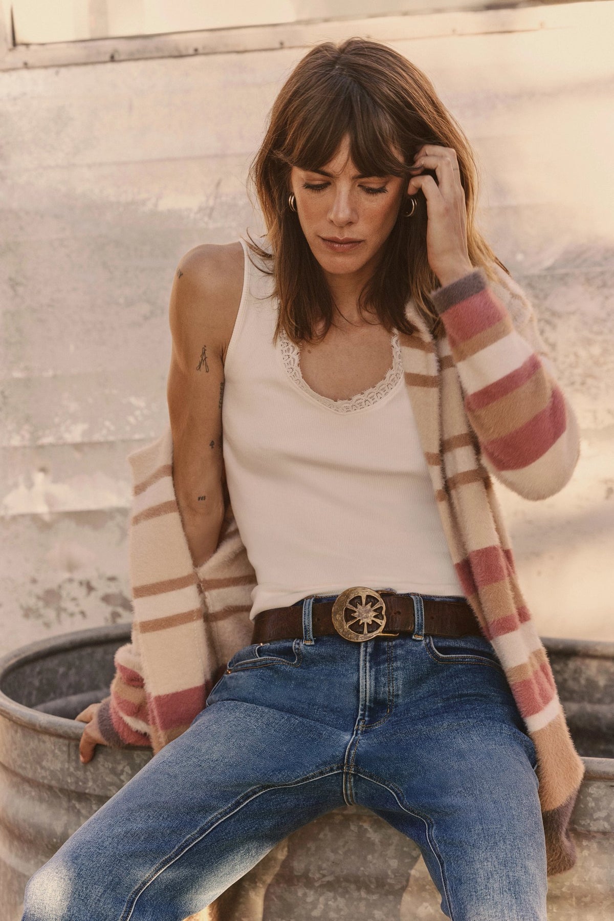 SEAS Holiday 2025 Look 14 - Unwind Striped Coatigan in Multi, Rhys Bootcut Jean in Coastal Haze